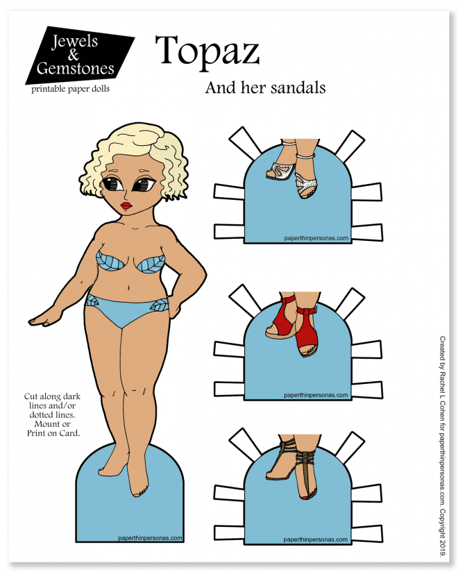 A printable paper doll with tan skin, short curly hair and three pairs of sandals. She can wear any of the Jewels and Gemstones paper doll clothing.