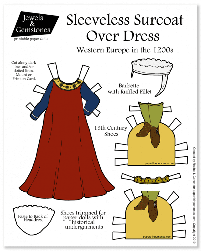 Free to print, a historical paper doll outfit from the 13th century surcoat design with a headdress and shoes with stockings. 