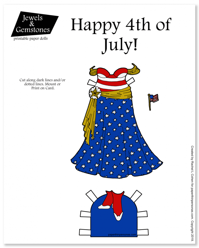 A 4th of July patriotic paper doll gown with stars and stripes for the curvy Jewels and Gemstones paper dolls. 
