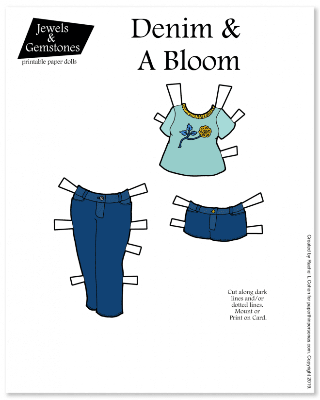 A set of paper doll clothing with a pair of jeans, a pair of jean shorts and a t-shirt with a floral design on it. 
