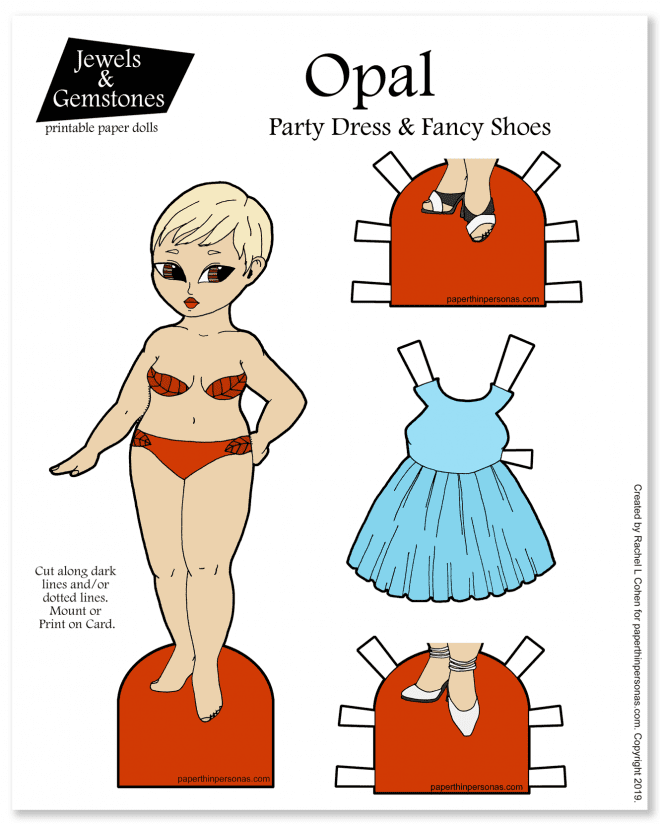 A printable Asian paper doll named Opal with a pale blue cocktail dress and two pairs of formal shoes. Free to print from paperthinpersonas.com.