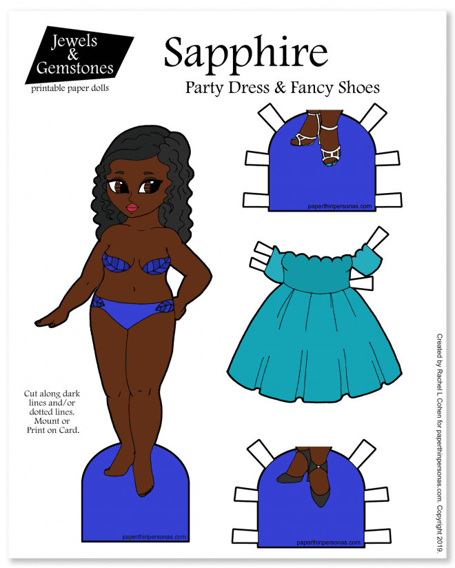 A curvy black paper doll with long hair and a part dress with matching shoes. Printable in color or black and white
