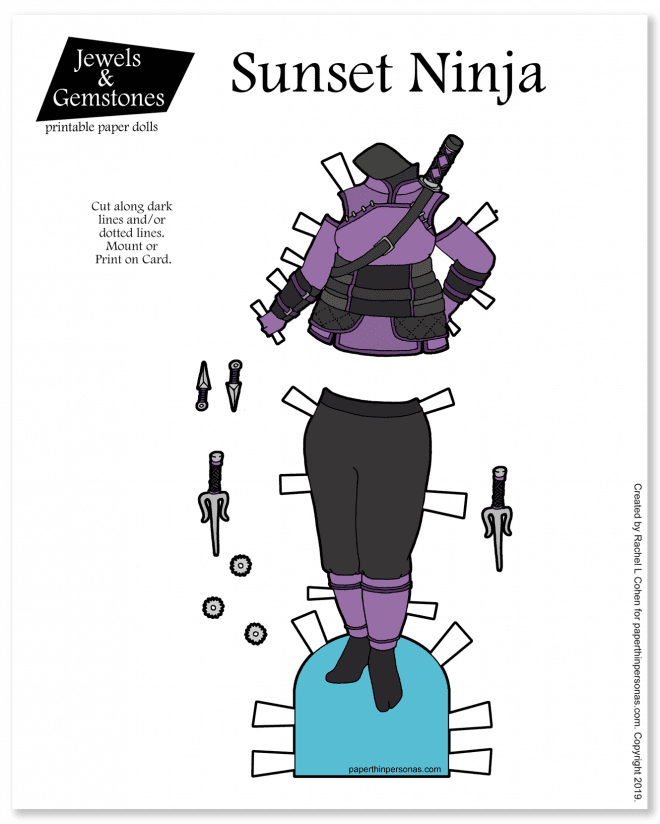 Paper doll ninjas design with armor and weapons.