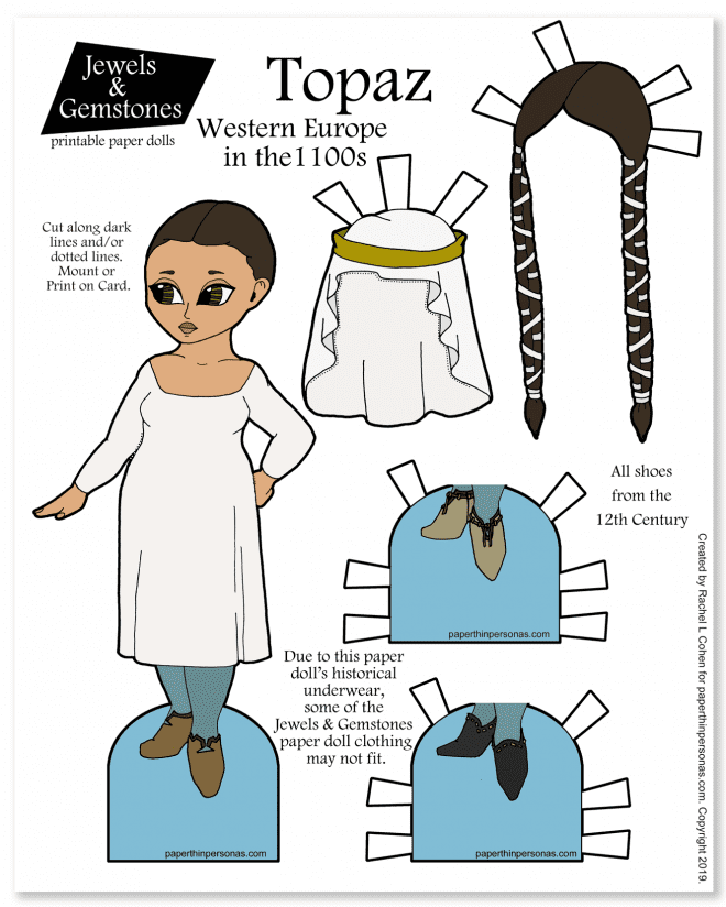 A 12th century fashion paper doll with shoes, wigs and historical underwear. 