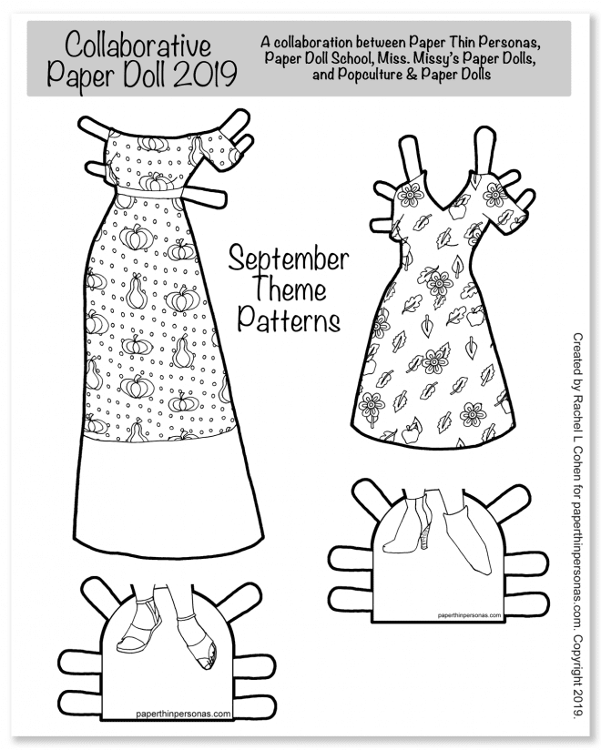 A paper doll coloring page featureing autumn themed dresses with fun patterns. Great as a fall activitiy for kids!