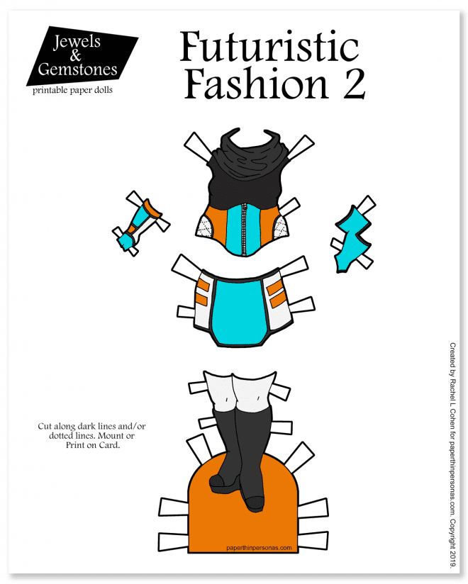 A sci-fi inspired set of paper doll clothing with a cowl necked top, skirt and boots. Black and white or color to print and play with. 