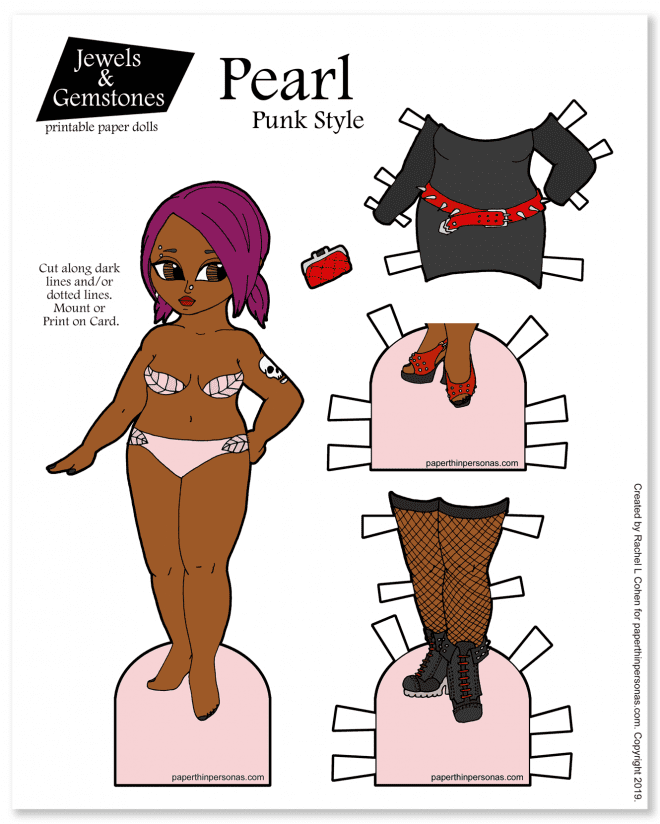 A curvy brown skinned punk paper doll with purple hair in pig tails and a black dress with platform heels. Free to print in color or black and white. 