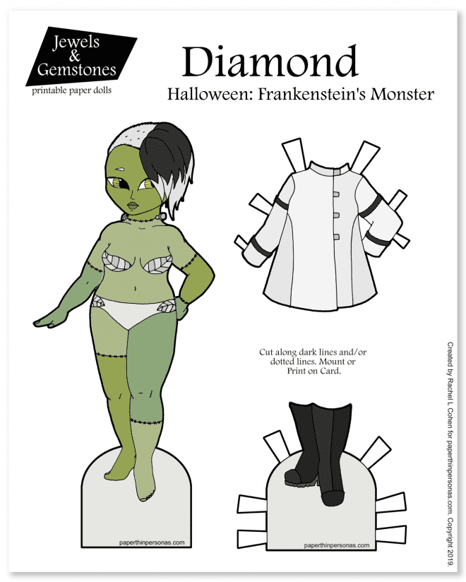 A fantastic printable Halloween paper doll featuring Frankestein's Monster and a stylin' lab coat.