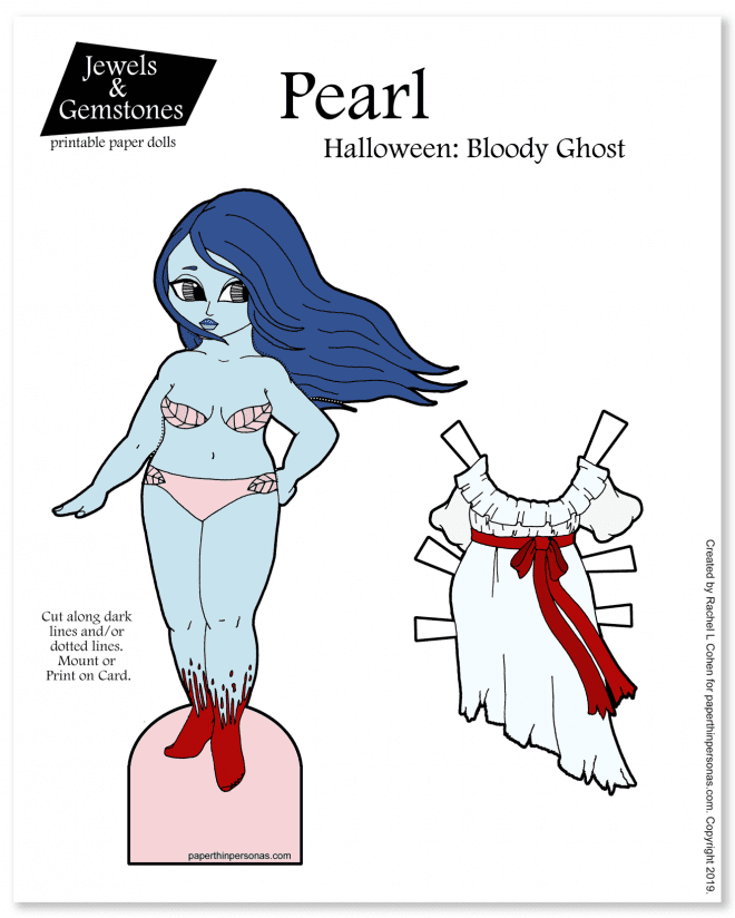 A ghost paper doll with long blue hair, pale blue skin and bloody feet. Free to print and cut out an play with.