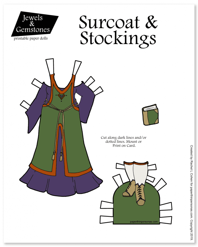 A sideless surcoat (or surcote) inspired paper doll dress for the curvy Jewels and Gemstones paper dolls. Medieval fantasy at its best. 