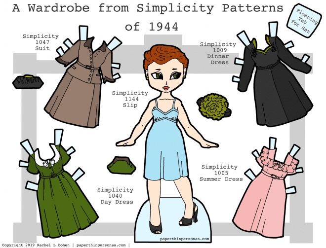 A paper doll with dresses from home sewing patterns from the year 1944 produced by Simplicity Patterns. 
