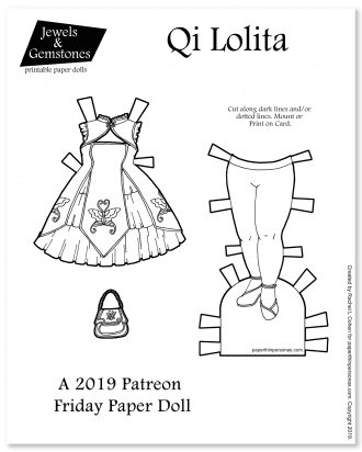 A qi lolita fashion printable paper doll dress with accessories inspired by Japanese street fashion. for the curvy Jewels and Gemstones paper doll series.