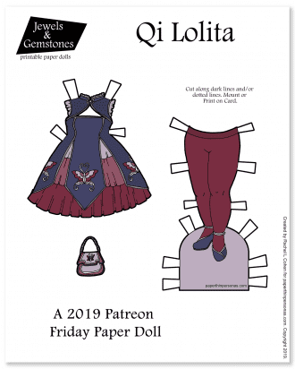 A qi lolita fashion paper doll dress coloring page with accessories inspired by Japanese street fashion. for the curvy Jewels and Gemstones paper doll series. 