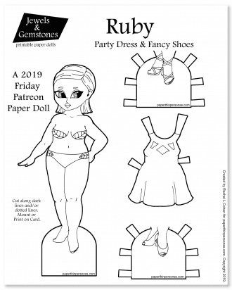 A brunette printable paper doll with a magenta party dress and two pairs of shoes from paperthinpersonas.com. 