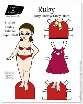 A brunette printable paper doll with a magenta party dress and two pairs of shoes from paperthinpersonas.com. 