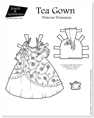 A fantasy princess gown for a paper doll inspired by the full skirts of the 1860s. Free to print in color from paperthinpersonas.com