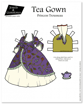 A fantasy princess gown for a paper doll inspired by the full skirts of the 1860s. Free to print and color from paperthinpersonas.com