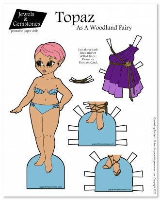 A curvy fairy paper doll in color with pink hair and a cute dress.