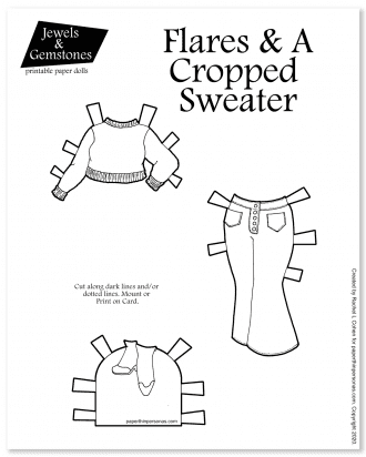 Cropped sweater and flared jeans for my printable paper dolls in black and white for printing and coloring. Free paper doll clothing sheet. 