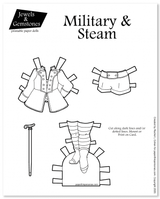 A steampunk paper doll coloring page clothing with stockings, jacket, shorts and walking stick. 