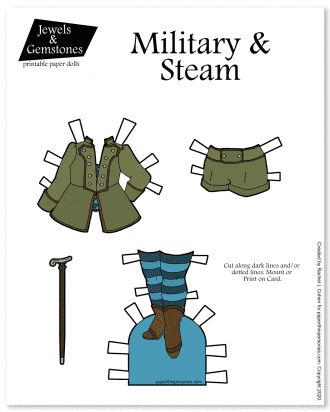 A set of steampunk paper doll clothing with stockings, jacket, shorts and walking stick. 