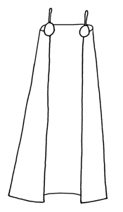 Fleming Bau's open fronted apron-dress. An apron suspended from the oval brooches would have covered the gap in the fabric in his model.