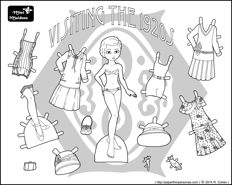 Inspired by Asian-American actress Anna May Wong, here's a black and white printable Asian paper doll with a 1920s wardrobe to print and color. She's free from paperthinpersonas.com.