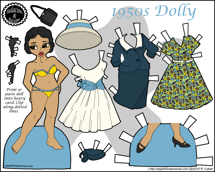 A printable paper doll with a 1950's vintage wardrobe in black and white. She has a suit, a cocktail dress and a day dress.