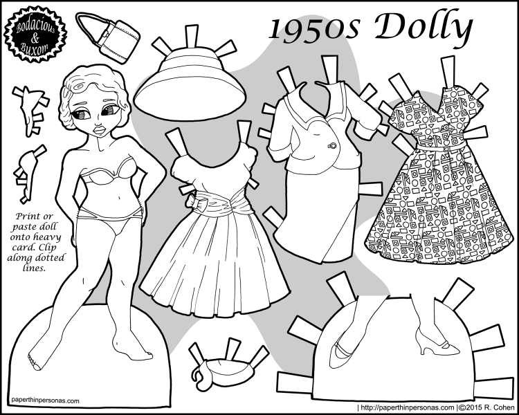 A printable paper doll with a 1950's vintage wardrobe in black and white. She has a suit, a cocktail dress and a day dress.