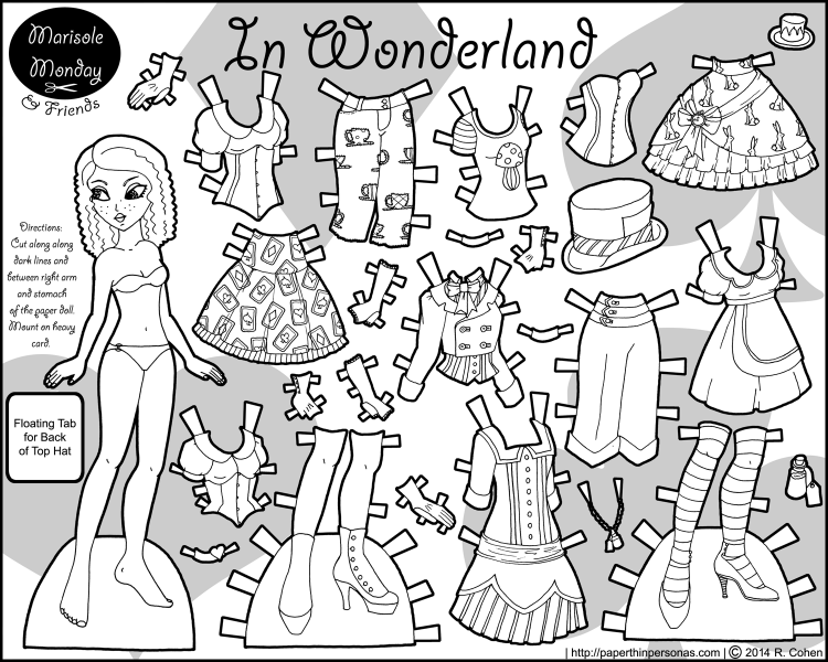 An Alice in Wonderland inspired paper doll set with 23 mix and match pieces. Free to print and color from Paperthinpersonas.com