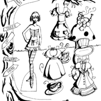 A black and white Alice in Wonderland paper doll.