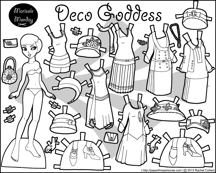 A 1920s paper doll coloring page from paperthinpersonas.com. Free to print.