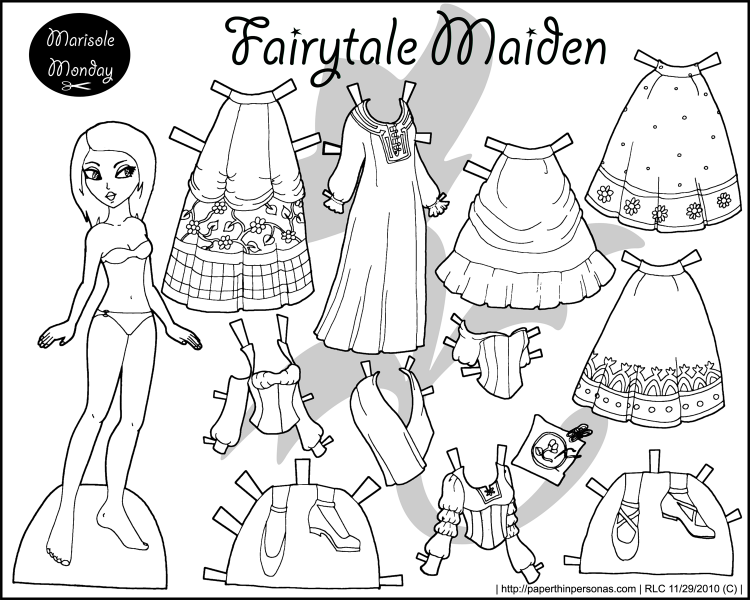 A Fairy Tale maiden black and white princess coloring page to print and dress up. She's a hand-drawn paper doll from paperthinpersonas.com