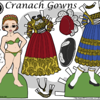 ranach Gowns, a paper doll of a 15th century Saxony dress in Germany with two gowns, two hats, one pair of shoes in color for printing