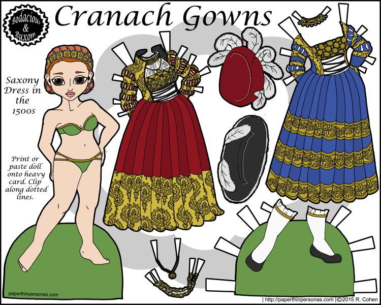 ranach Gowns, a paper doll of a 15th century Saxony dress in Germany with two gowns, two hats, one pair of shoes in color for printing