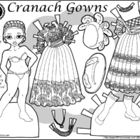 Cranach Gowns, a paper doll of a 15th century Saxony dress in Germany with two gowns, two hats, one pair of shoes in black and white for printing