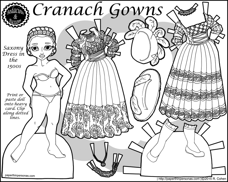 Cranach Gowns, a paper doll of a 15th century Saxony dress in Germany with two gowns, two hats, one pair of shoes in black and white for printing. Free from paperthinpersonas.com