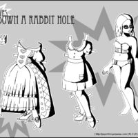 A black and white Alice in Wonderland paper doll with two outfits.