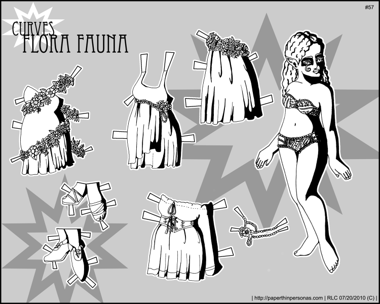 A curvy black and white fairy paper doll with four dresses. From paperthinpersonas.com.