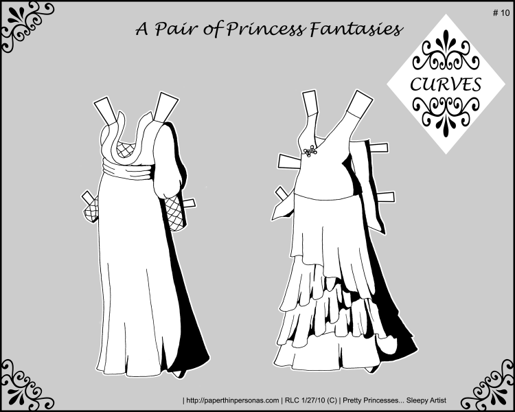 A set of fantasy gowns for my curvy paper doll series. Black and white for coloring. 