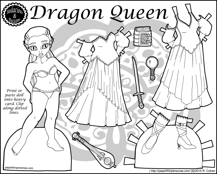 A black and white fantasy paper doll entitled 