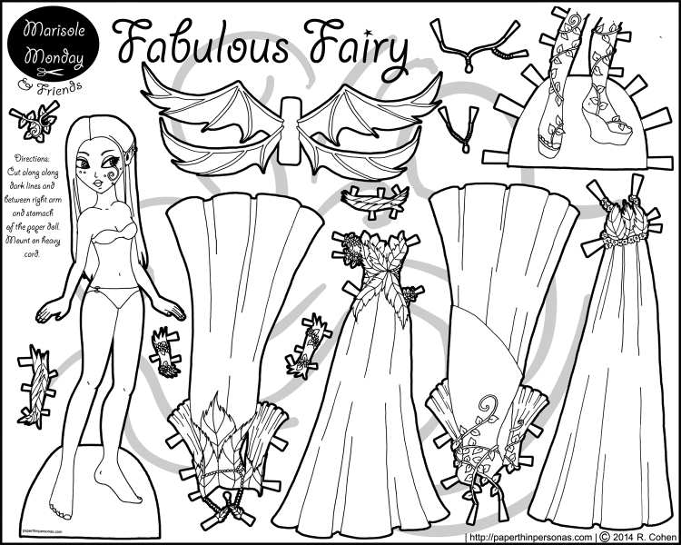 A free fairy paper doll coloring page with a doll and four dresses. She also has wings and shoes. From paperthinpersonas.com.