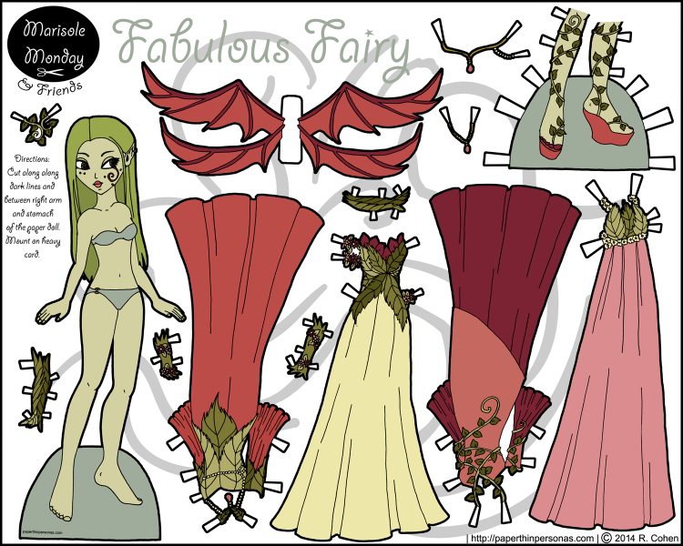A fairy paper doll with wings and four gowns. Free to print from paperthinpersonas.com
