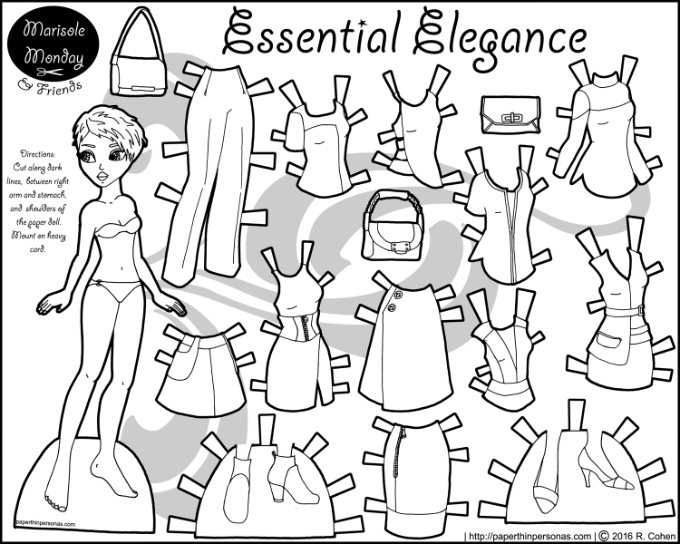 A black fashion paper doll celebrating minimalism with a 15 piece wardrobe of contemporary styles. Free to print and color from paperthinpersonas.com