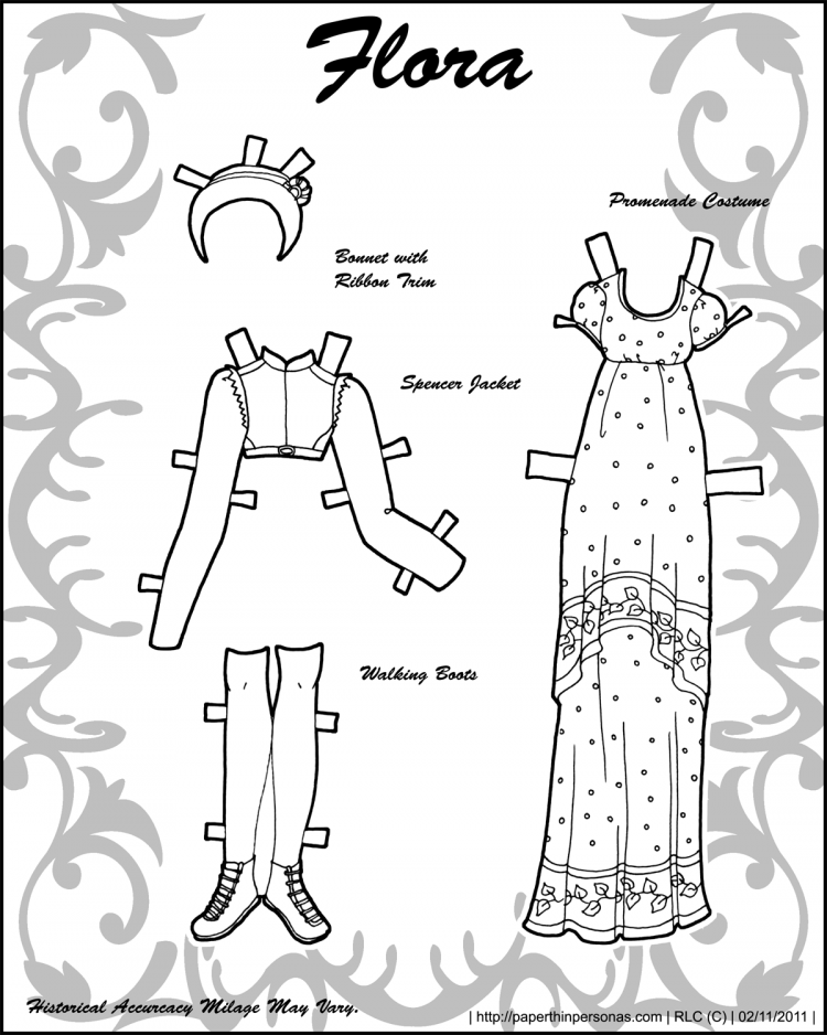 A spencer jackt, bonnet, boots and dress for my regency paper doll Flora. Black and white for coloring free printable PDF.