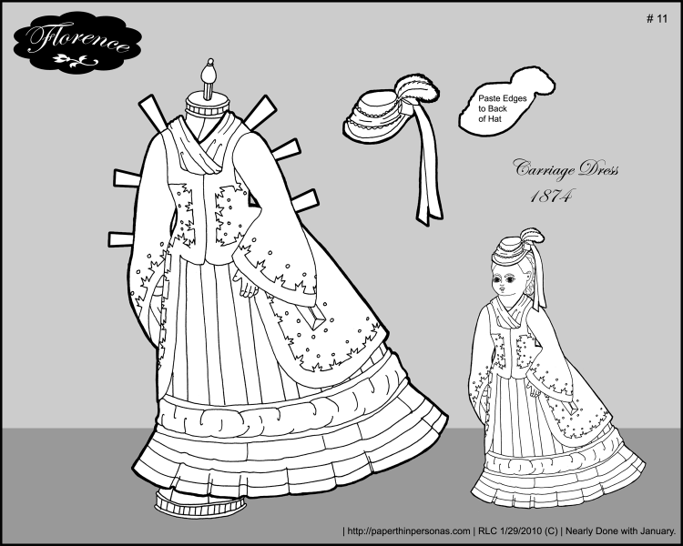 A carriage dress for Florence, my 1870s paper doll. Free to print and color from Paperthinpersonas.com