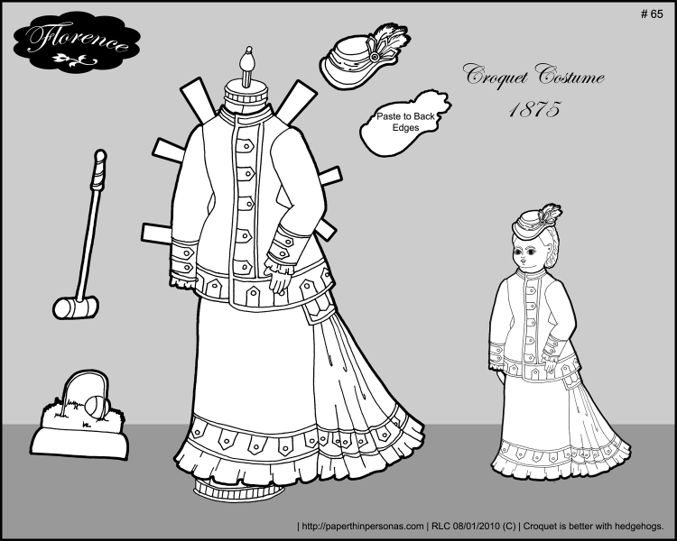 A croquet costume for Florence, a paper doll of a french fashion doll from the 1870s.