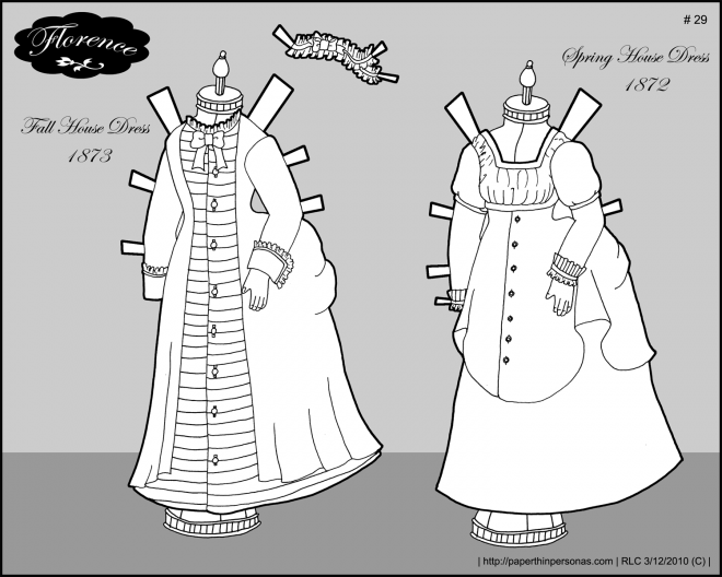 Houses dresses for Florence, my paper doll of an 1870s French fashion doll.