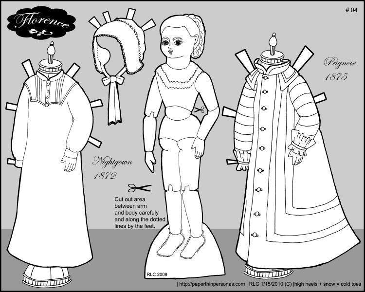 Florence, a paper doll of a jointed Victorian fashion doll from the 1870s.