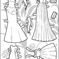 Paper doll gowns in four styles for the Ms. Mannequin series in black and white for coloring. Print from paperthinpersonas.com